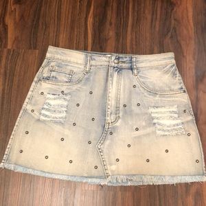 Denim A-Line distressed studded skirt size 28. NEW